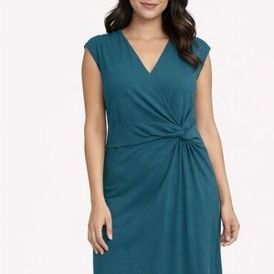 Lands' End Teal Twist-Waist Cap Sleeve Midi Dress